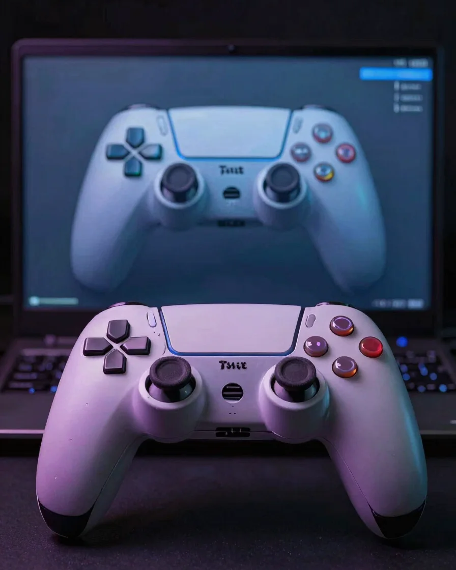 Close-up editorial de um controle de videogame sobre superfície e