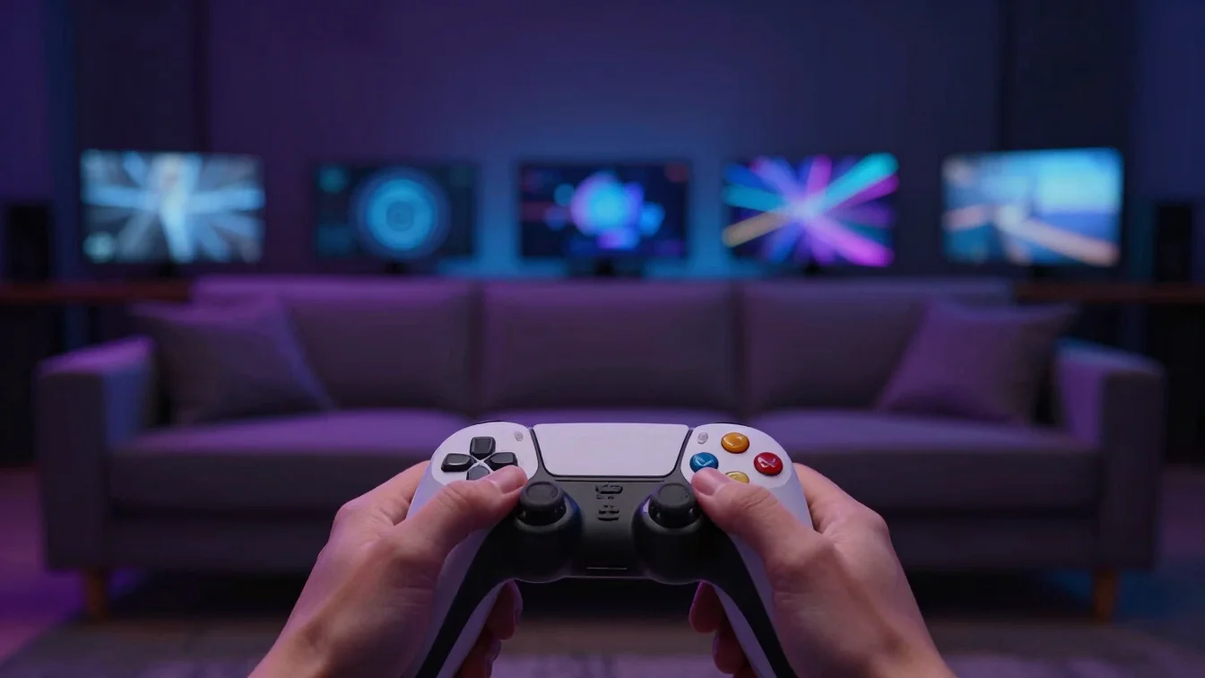 Controle de videogame em uso natural sobre um sofá, luz de estúdi