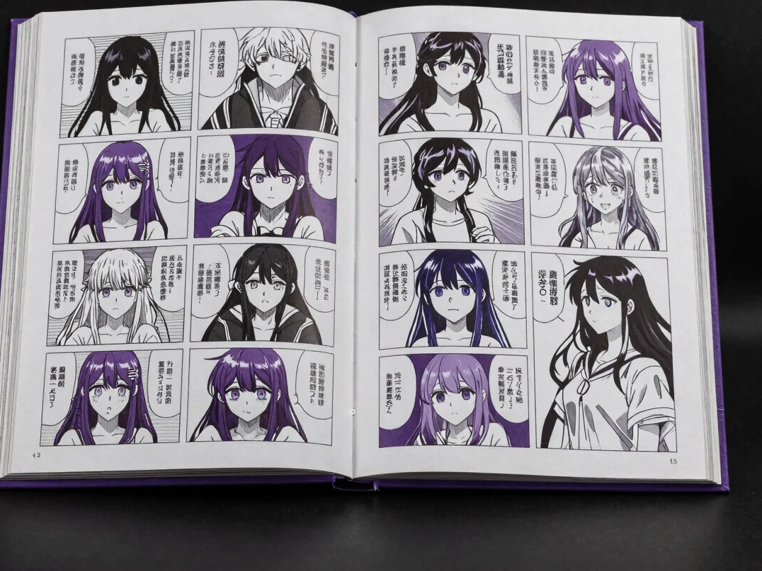 Página de mangá aberta com painéis coloridos sobre uma mesa escur