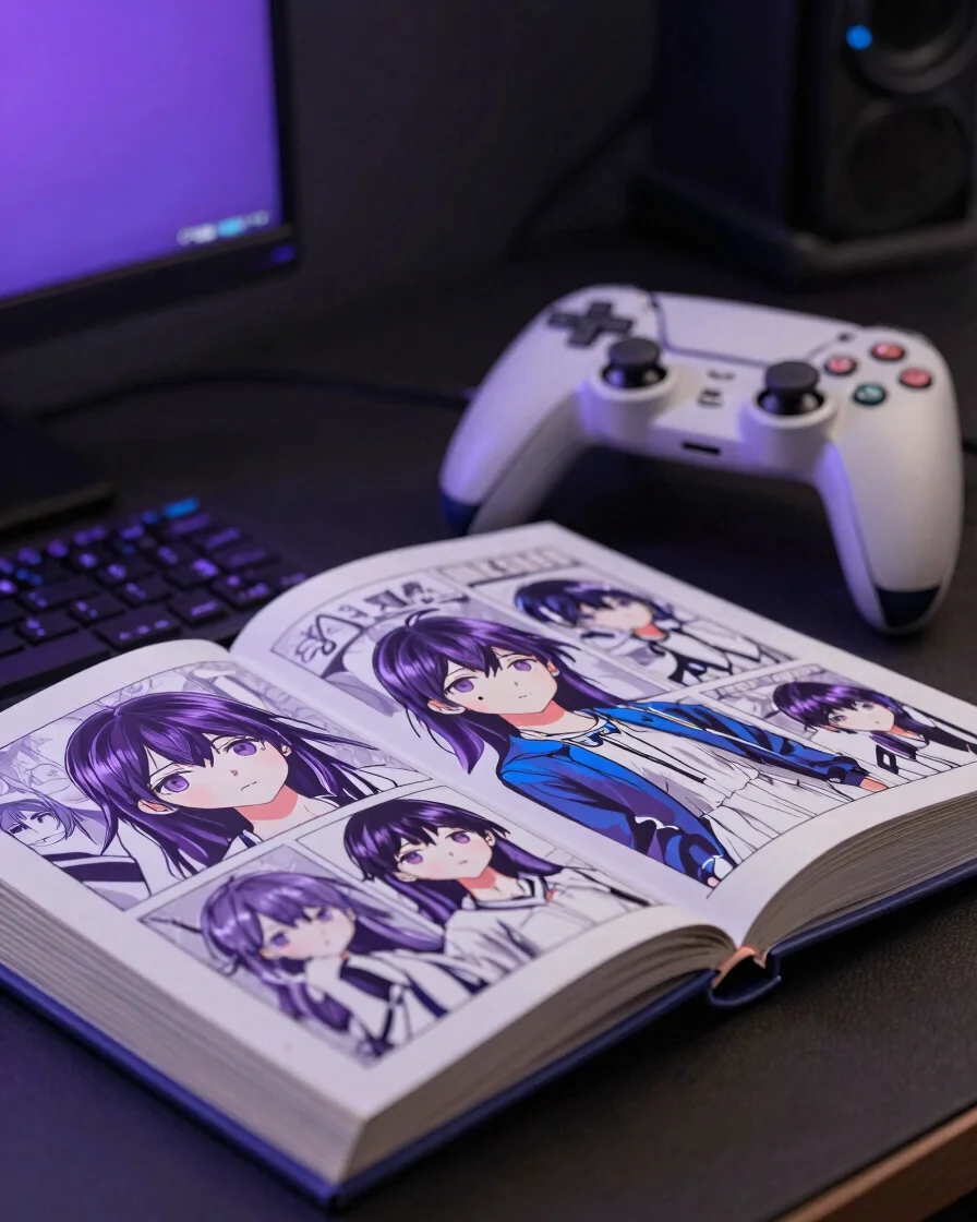 Close-up editorial de um livro de mangá e um controle de videogam