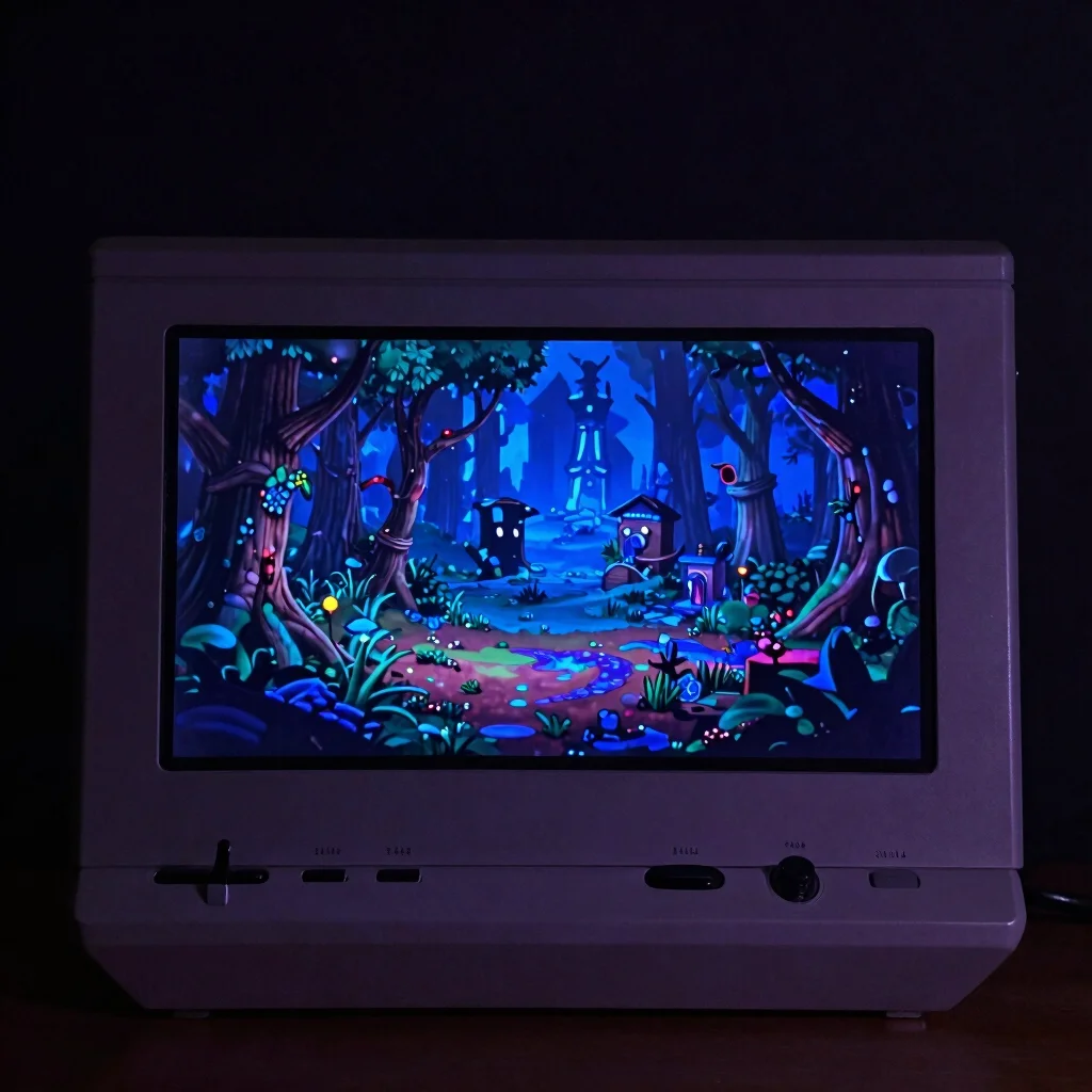 Tela de videogame com cenário de fantasia em penumbra, luz azul,