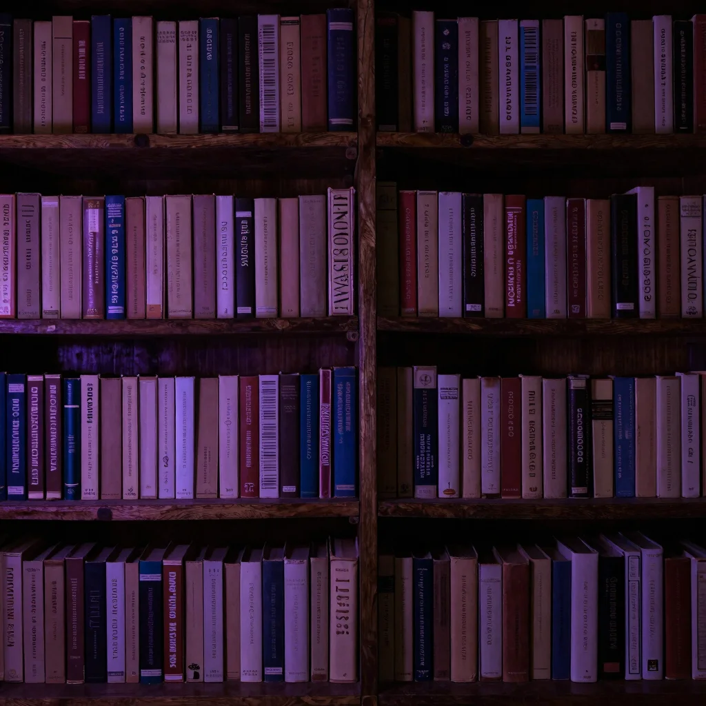 Livros antigos de ficção científica em uma prateleira escura, luz