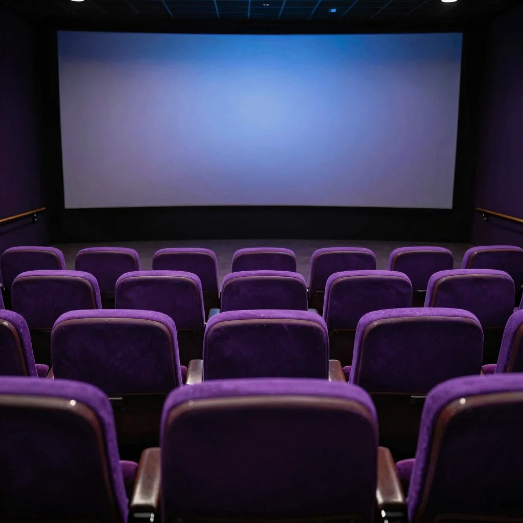 Cena de cinema escura com projeção suave, detalhe de poltrona, al